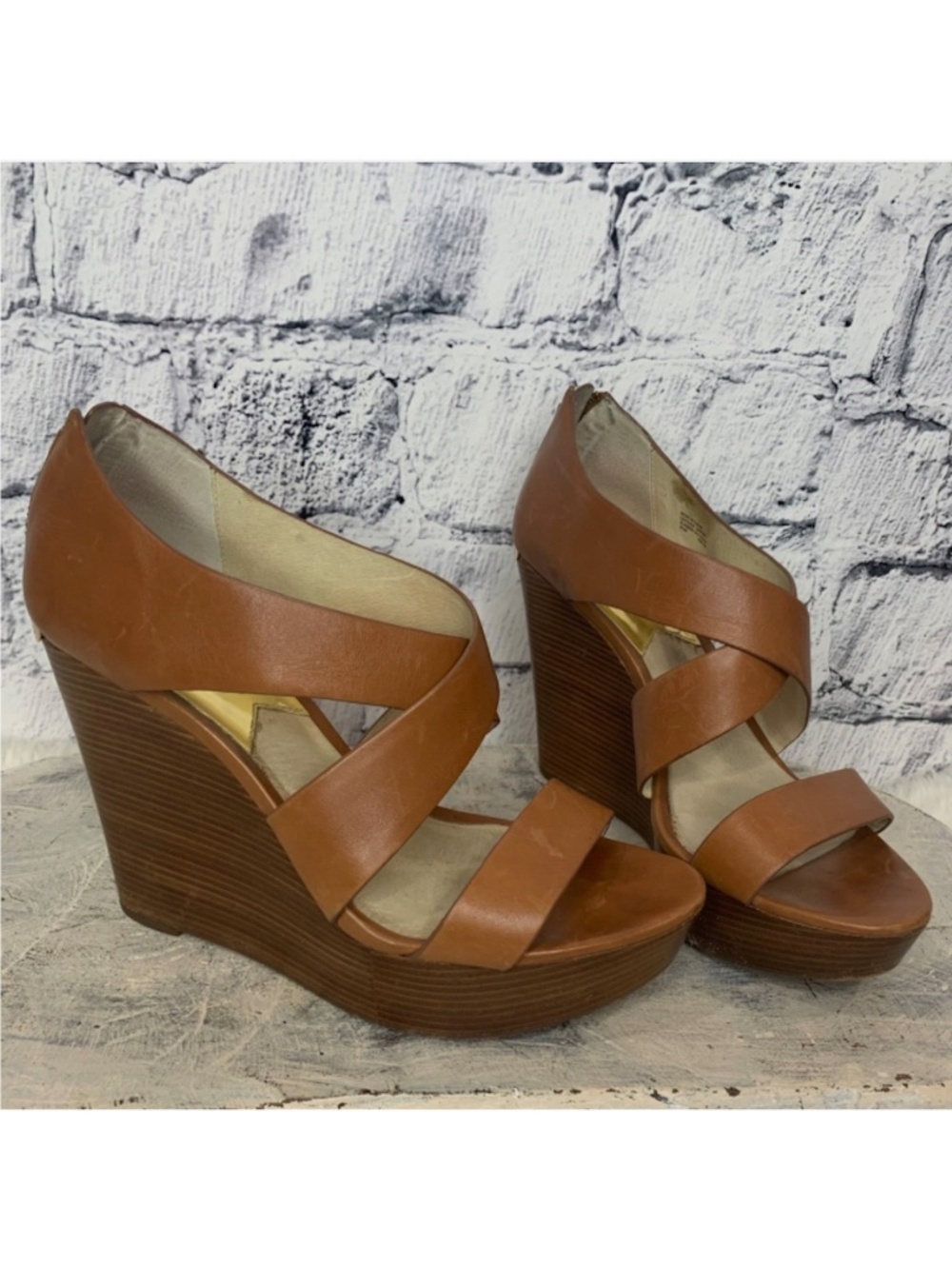 Michael Kors Platform Wedge Sandals Women’s 9.5 Brown Leather Back Zip